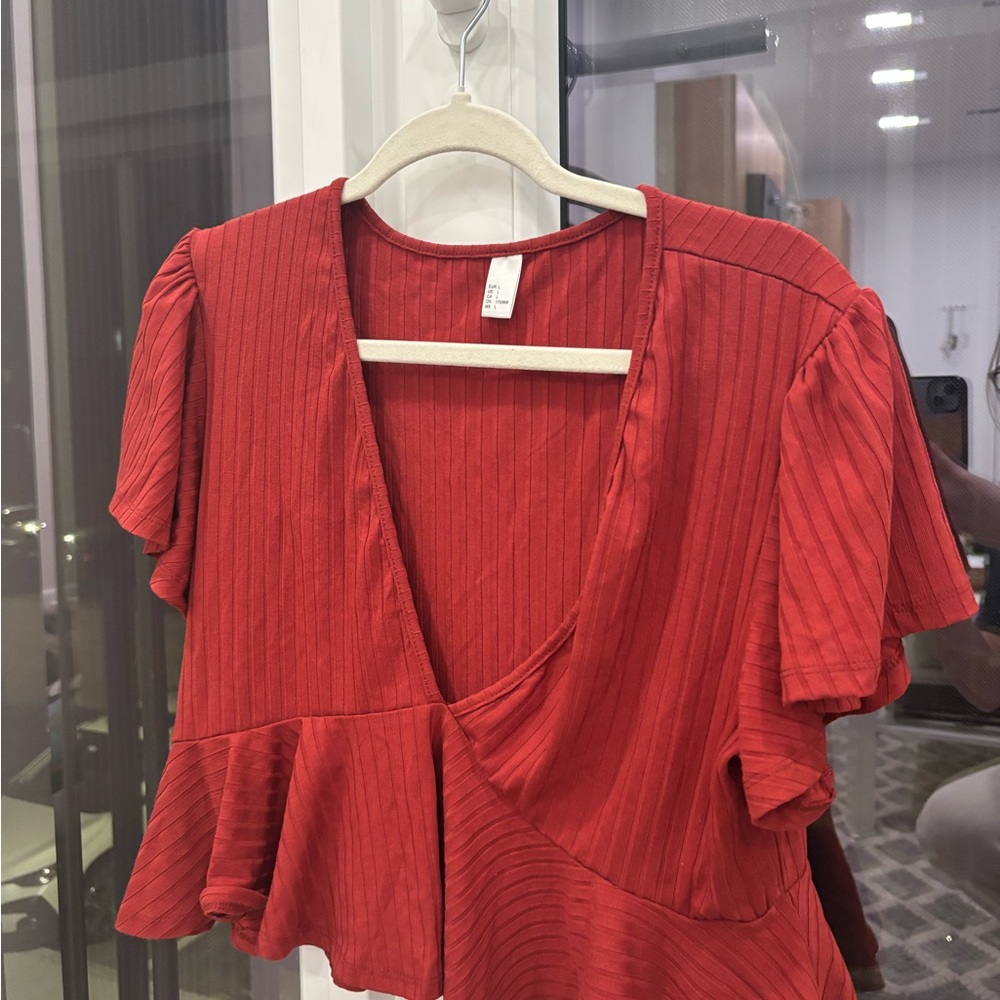 Red V-Neck Women's Top